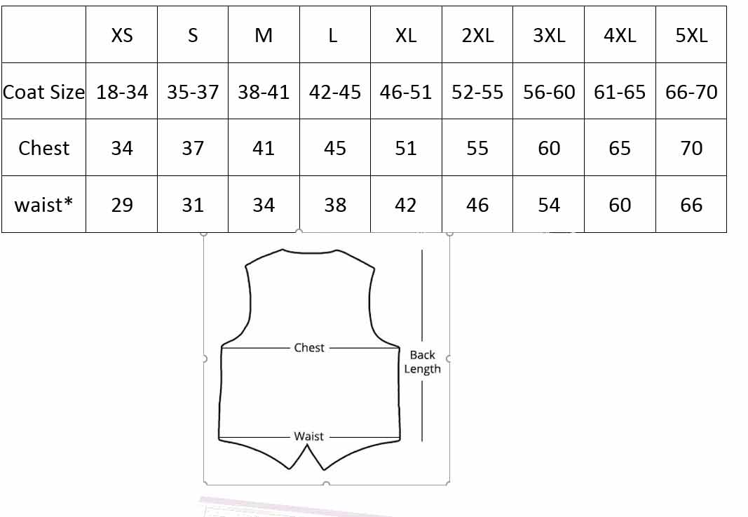Men’s satin vest size chart