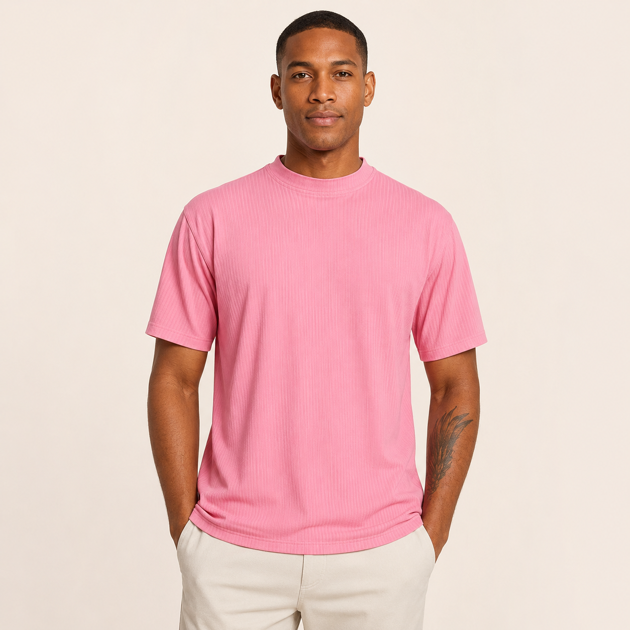 Men's summer pink ribbed regular fit crew neck T-shirt front studio view
