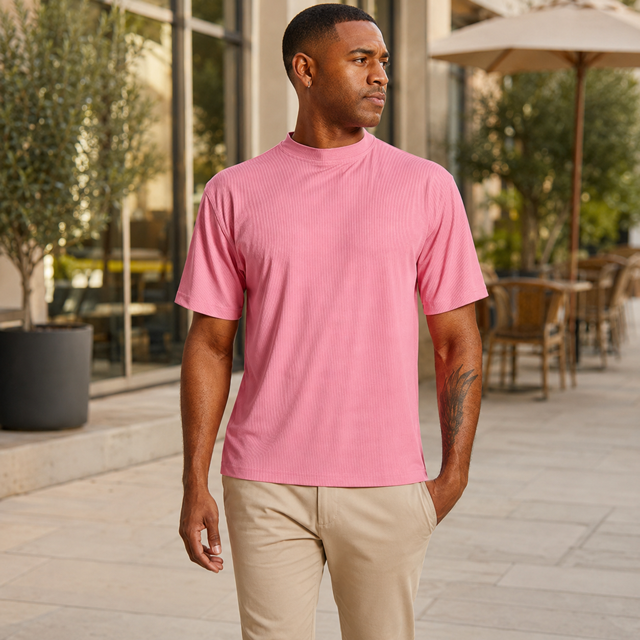 Men's summer pink ribbed regular fit crew neck T-shirt outdoor lifestyle
