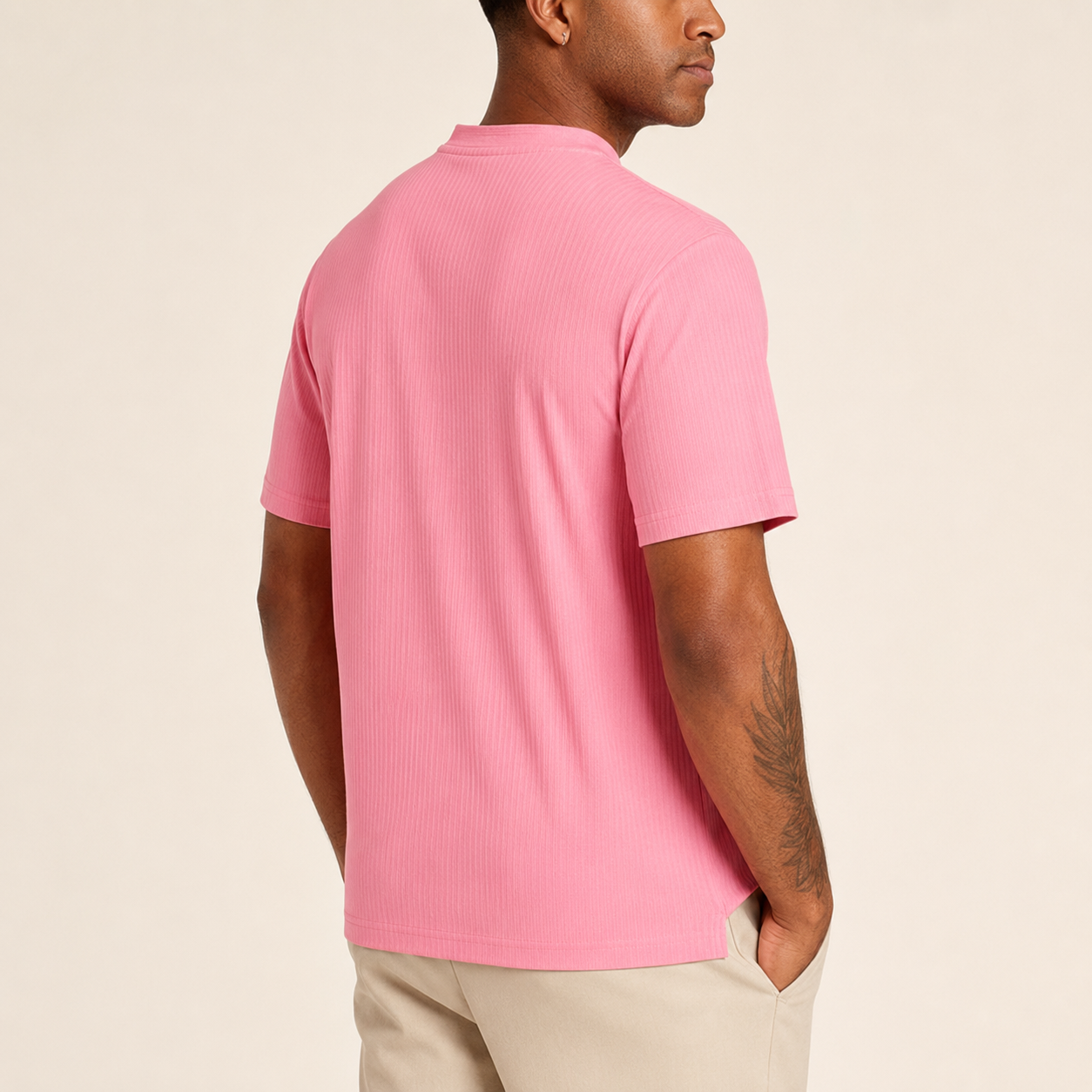 Men's summer pink ribbed regular fit crew neck T-shirt rear view