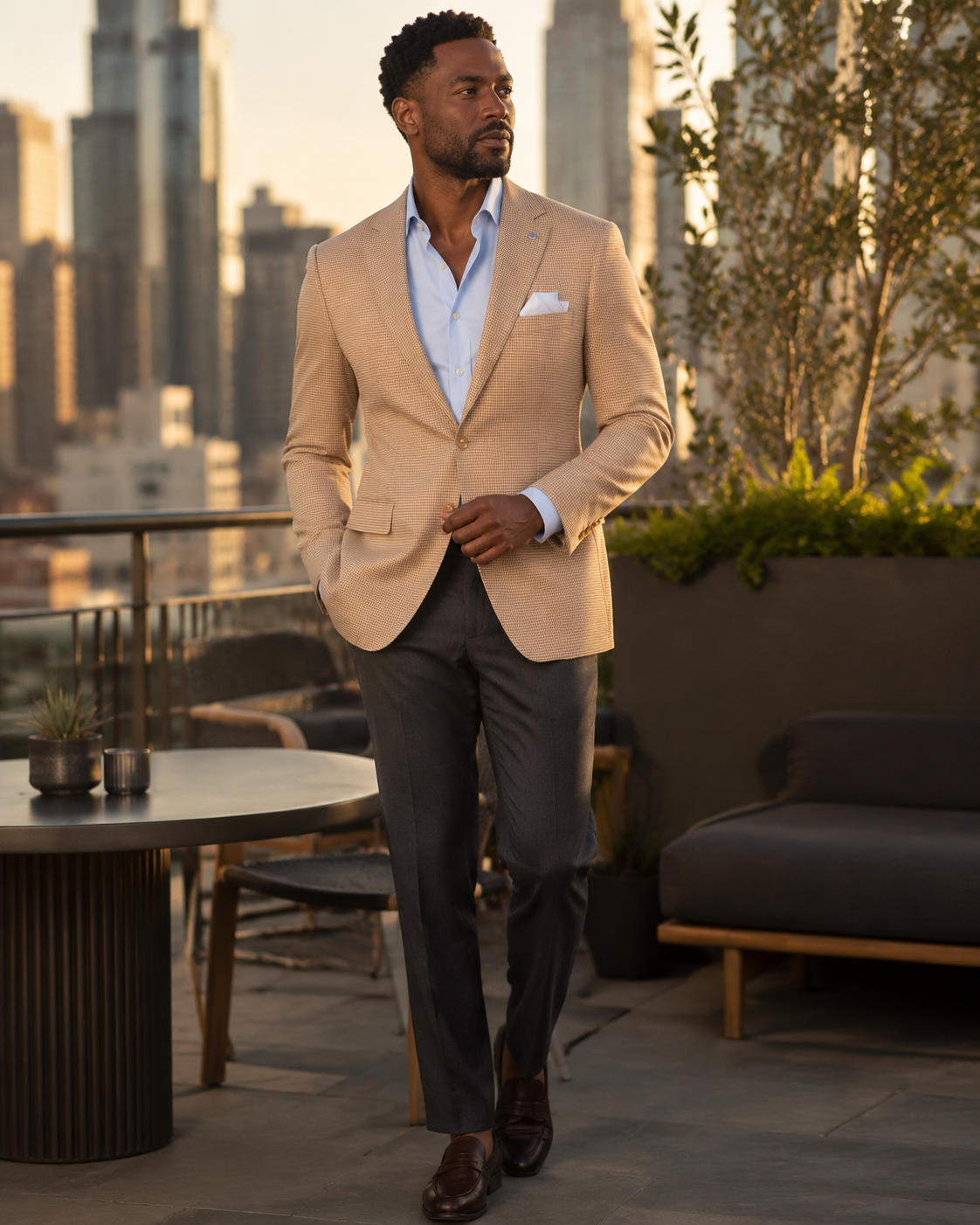 Man styling tan houndstooth blazer smart casual