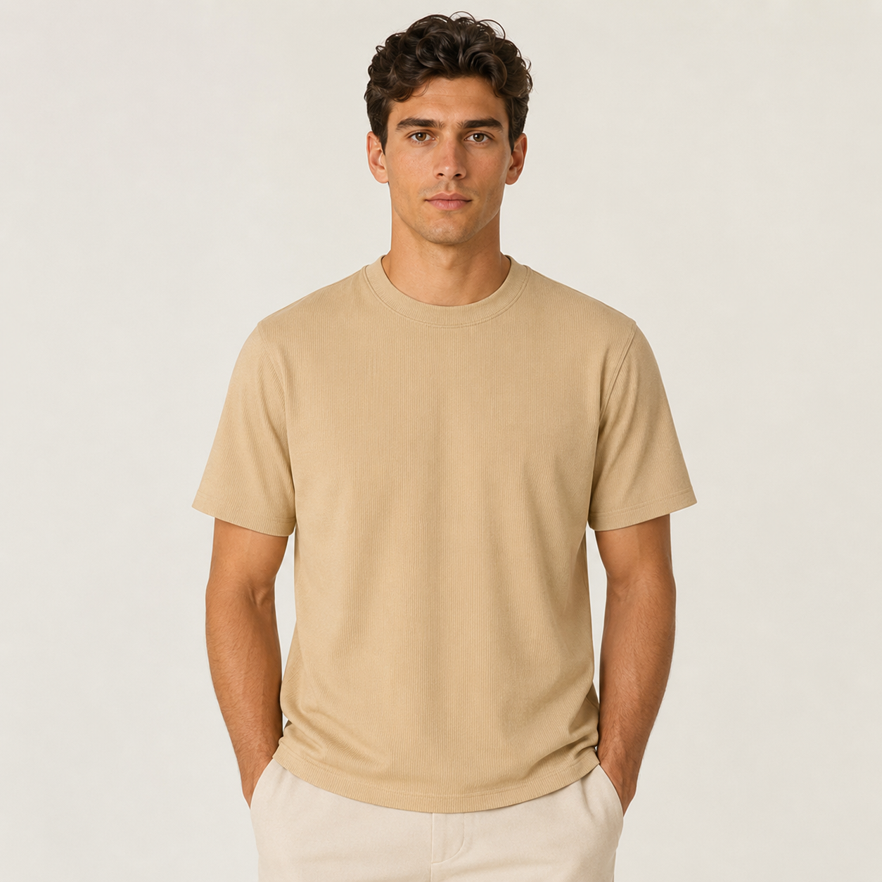 Men's tan ribbed regular fit crew neck T-shirt front studio view