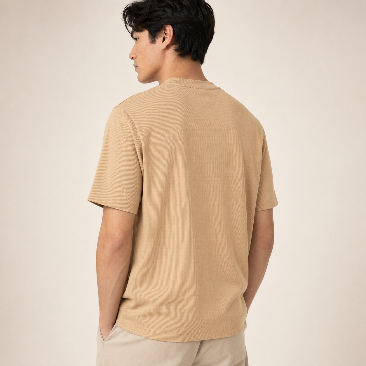 Men's tan ribbed regular fit crew neck T-shirt rear view