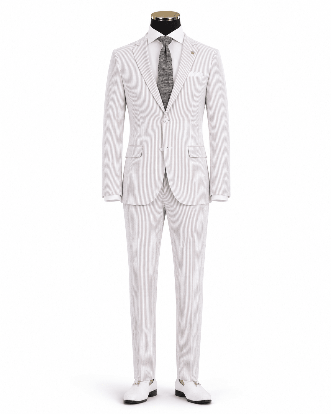 MEN'S 2PC SUMMER SEERSUCKER SLIM FIT SUIT IN TAN PINSTRIPE - Upscale Men's Fashion
