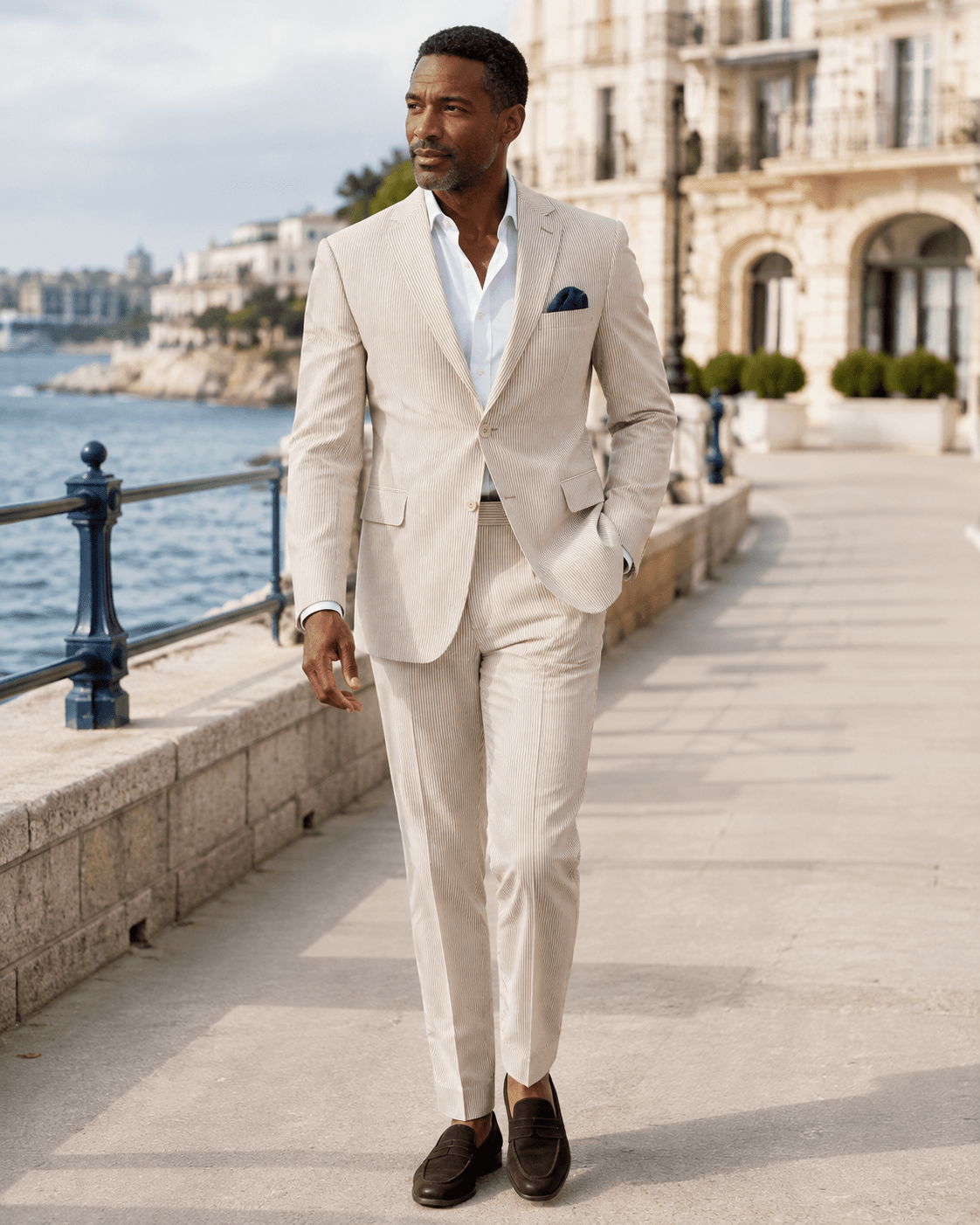 MEN'S 2PC SEERSUCKER MODERN FIT SUIT IN TAN PINSTRIPE - Upscale Men's Fashion