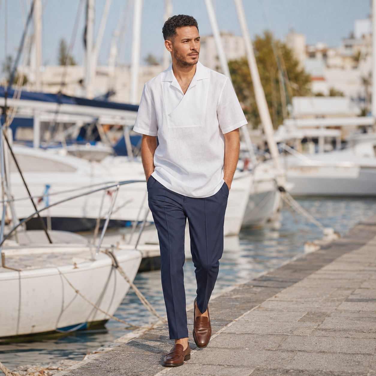 Man wearing a white short sleeve linen pull-over shirt at a marina