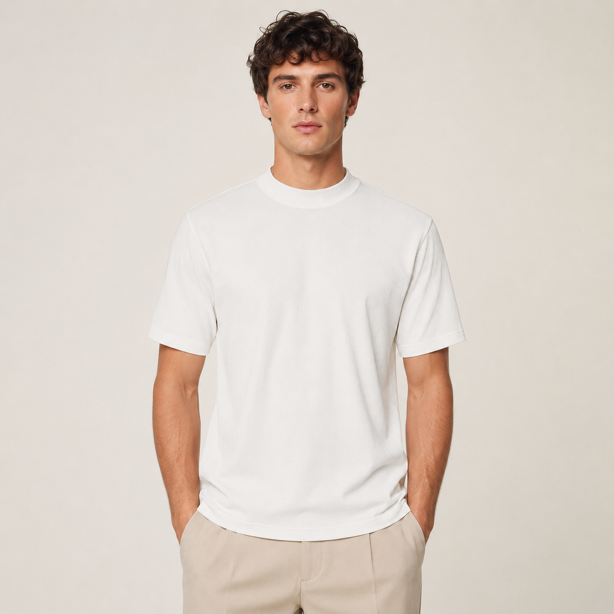 Men's white ribbed regular fit crew neck T-shirt front studio view