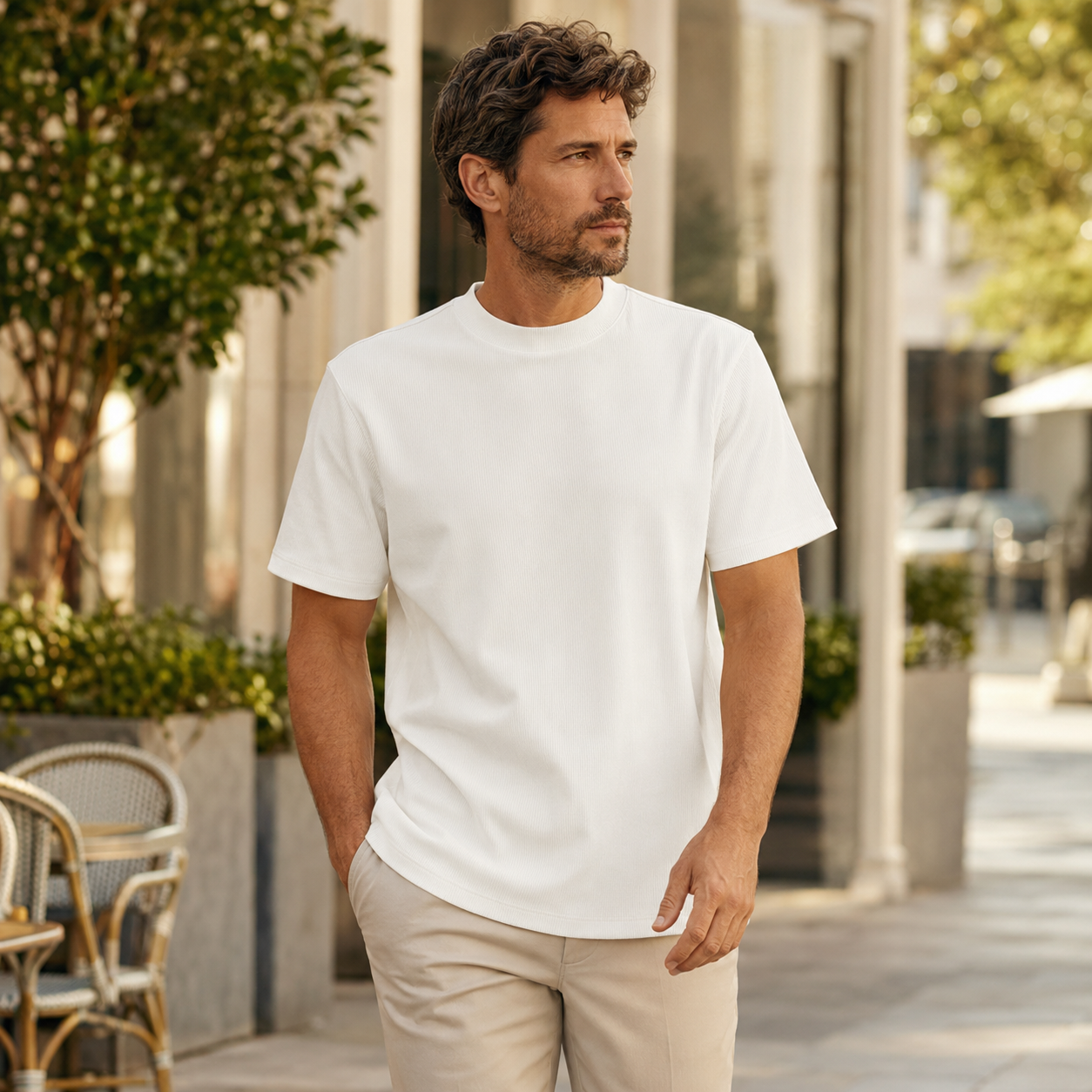 Men's white ribbed regular fit crew neck T-shirt outdoor lifestyle