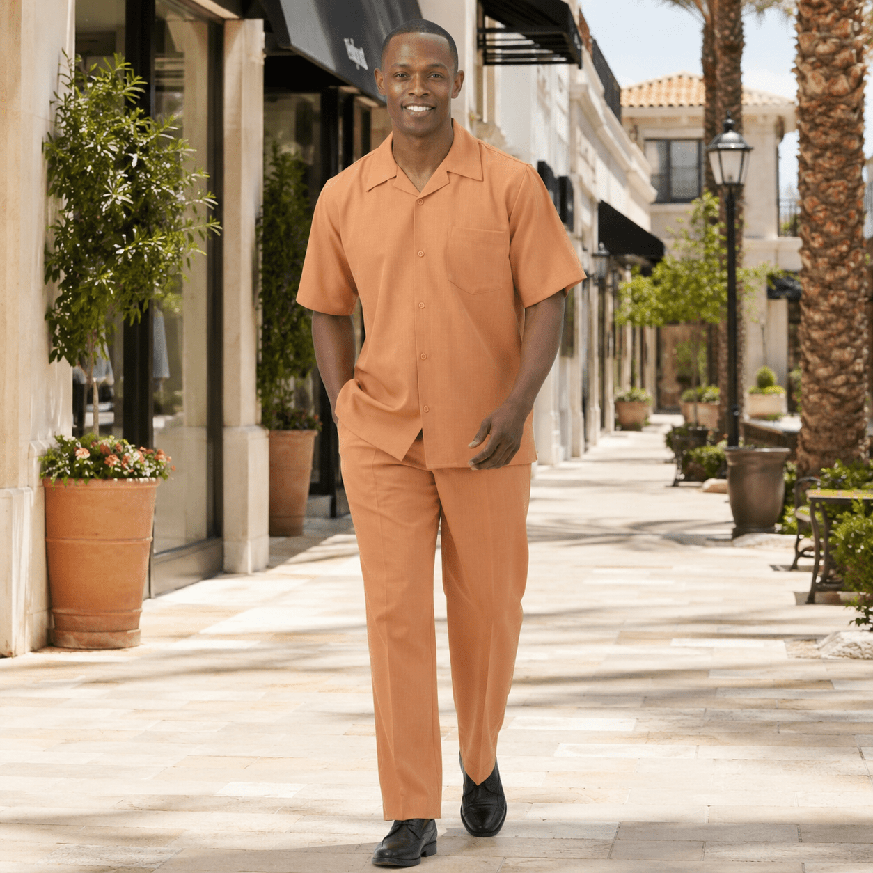 Montique Men's 2 Piece Short Sleeve Walking Suit Solid Apricot - Upscale Men's Fashion