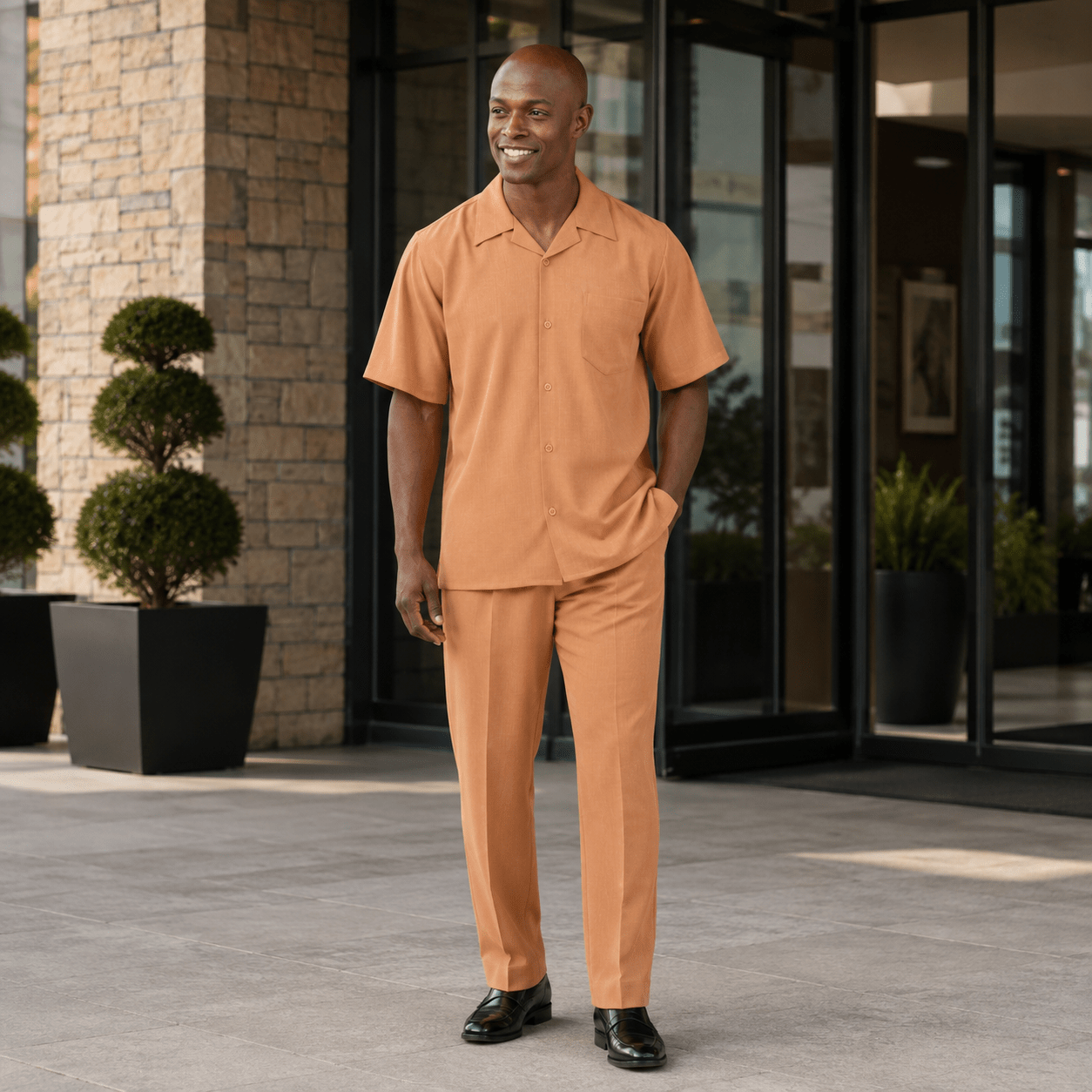 Montique Men's 2 Piece Short Sleeve Walking Suit Solid Apricot - Upscale Men's Fashion