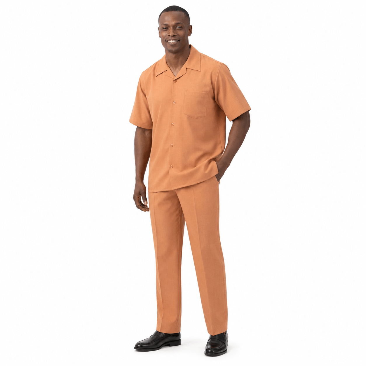 Montique Men's 2 Piece Short Sleeve Walking Suit Solid Apricot - Upscale Men's Fashion