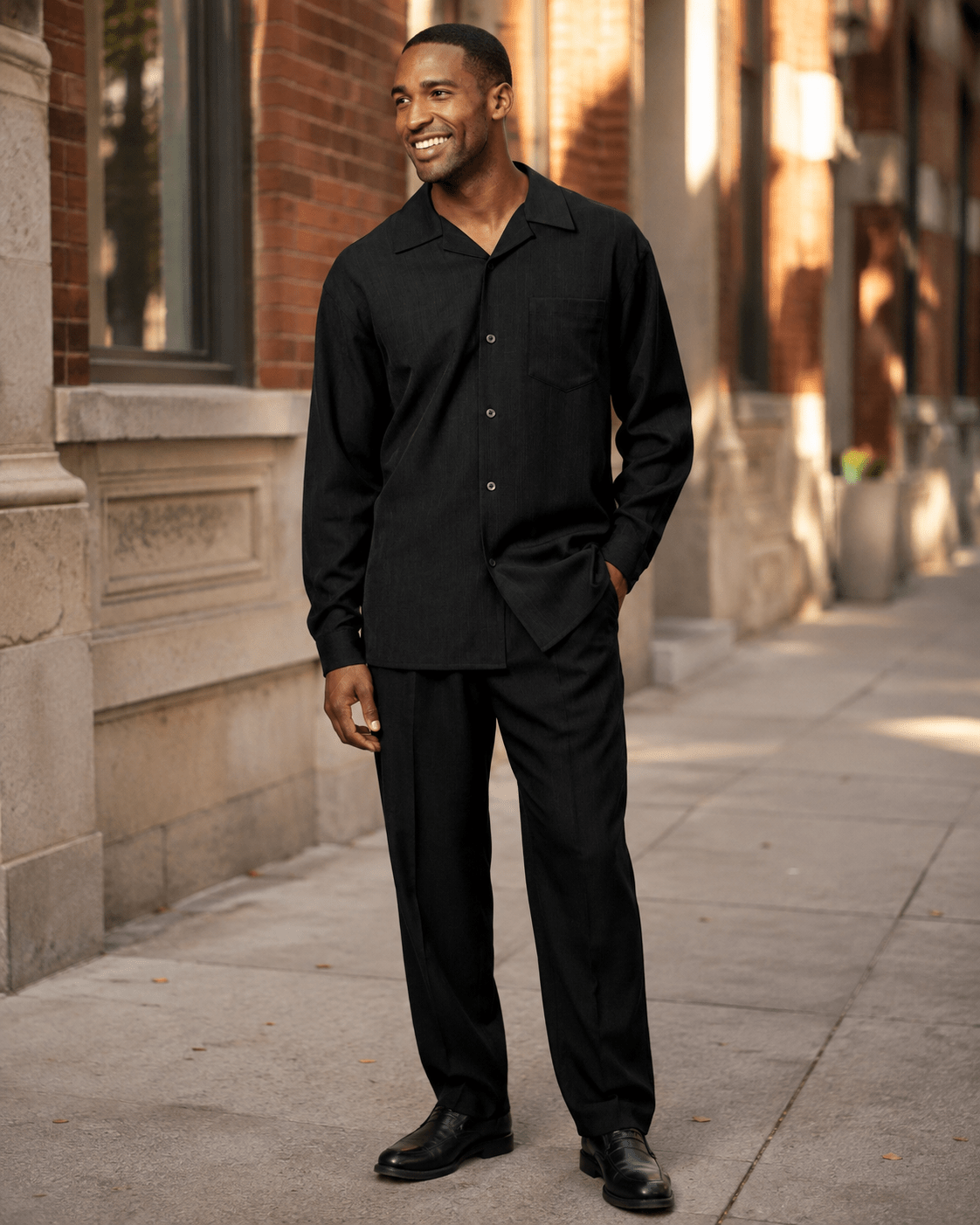 Montique Men's 2 Piece Long Sleeve Walking Suit Solid Black - Upscale Men's Fashion