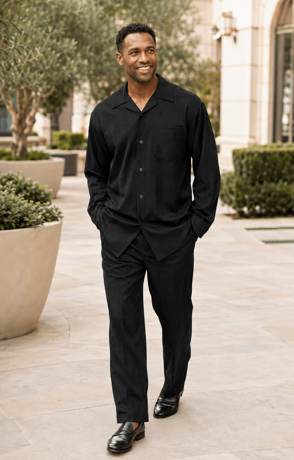 Montique Men's 2 Piece Long Sleeve Walking Suit Solid Black - Upscale Men's Fashion