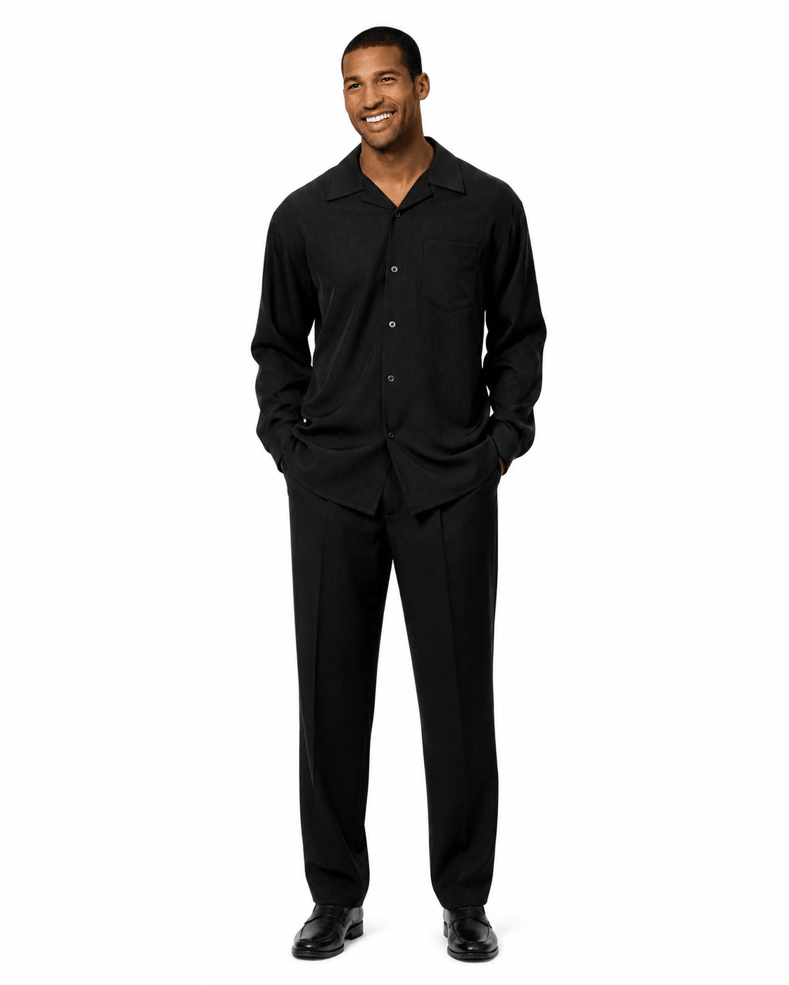 Montique Men's 2 Piece Long Sleeve Walking Suit Solid Black - Upscale Men's Fashion