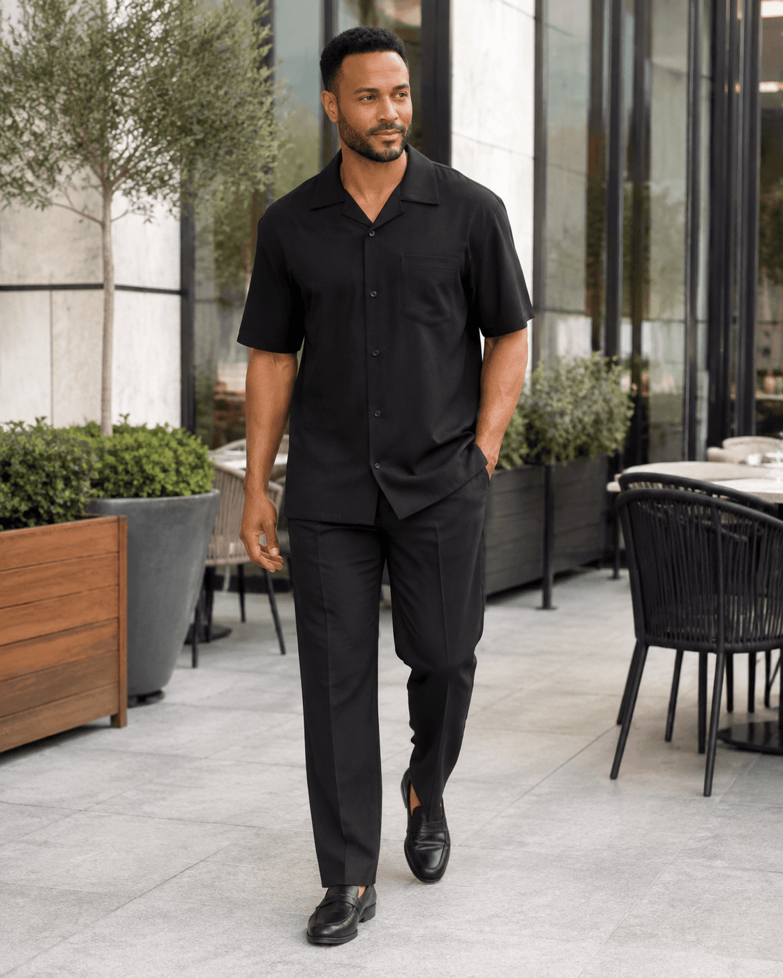 Montique Men's 2 Piece Short Sleeve Walking Suit Solid Black - Upscale Men's Fashion