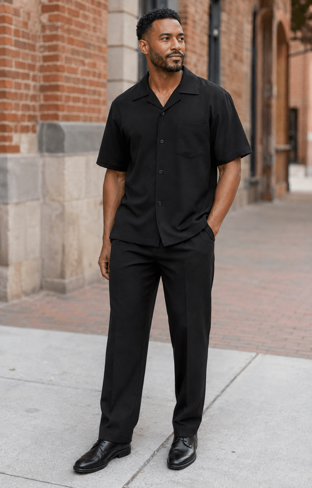 Montique Men's 2 Piece Short Sleeve Walking Suit Solid Black - Upscale Men's Fashion