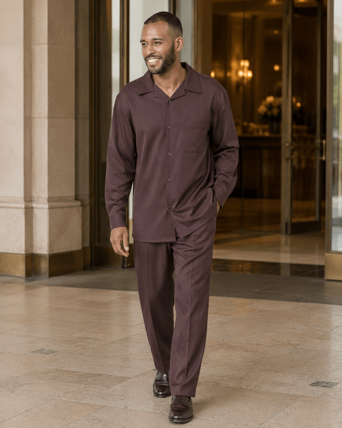 Montique Men's 2 Piece Long Sleeve Walking Suit Solid Brown - Upscale Men's Fashion