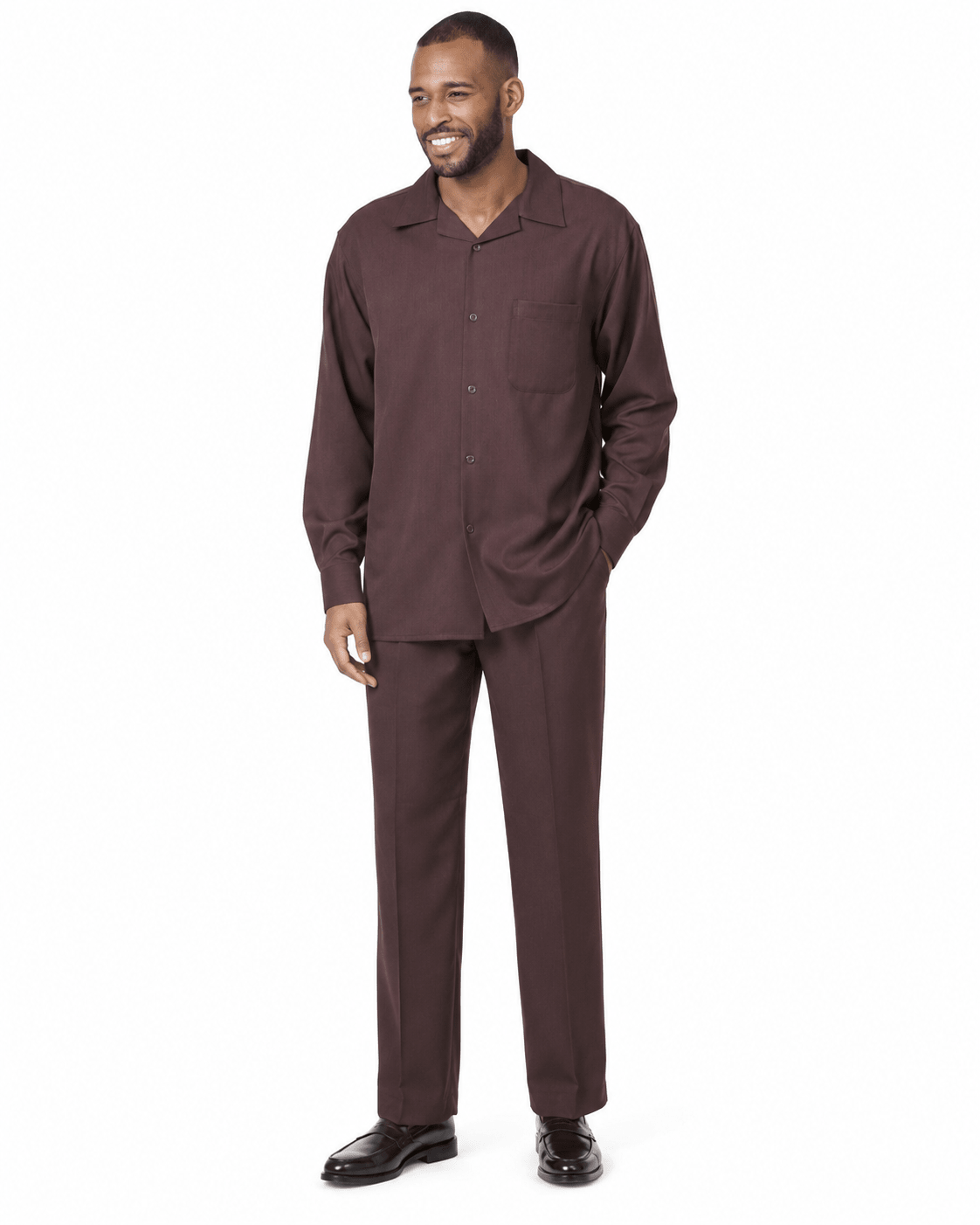 Montique Men's 2 Piece Long Sleeve Walking Suit Solid Brown - Upscale Men's Fashion