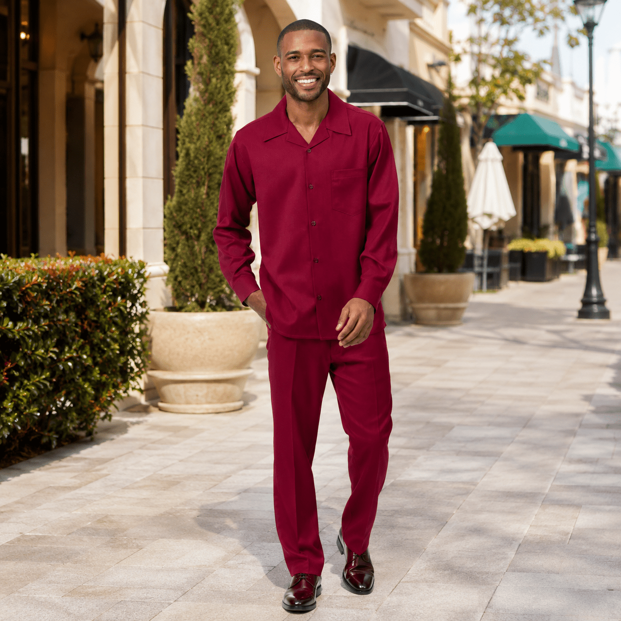 Montique Men's 2 Piece Long Sleeve Walking Suit Solid Burgundy - Upscale Men's Fashion