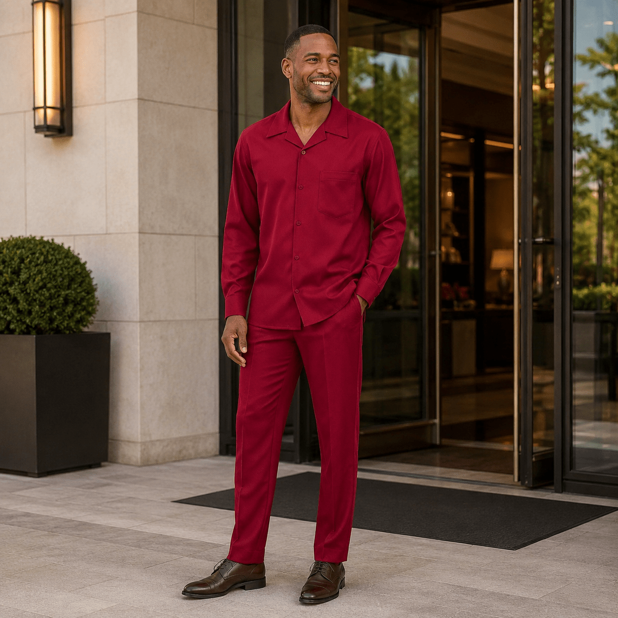 Montique Men's 2 Piece Long Sleeve Walking Suit Solid Burgundy - Upscale Men's Fashion