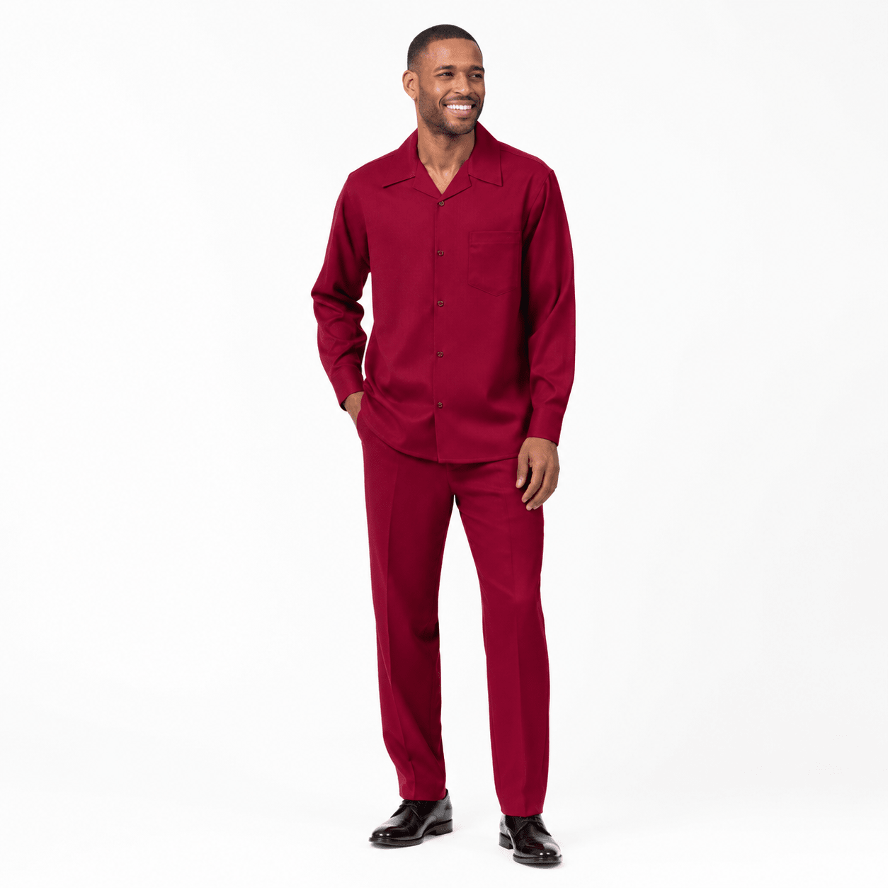 Montique Men's 2 Piece Long Sleeve Walking Suit Solid Burgundy - Upscale Men's Fashion