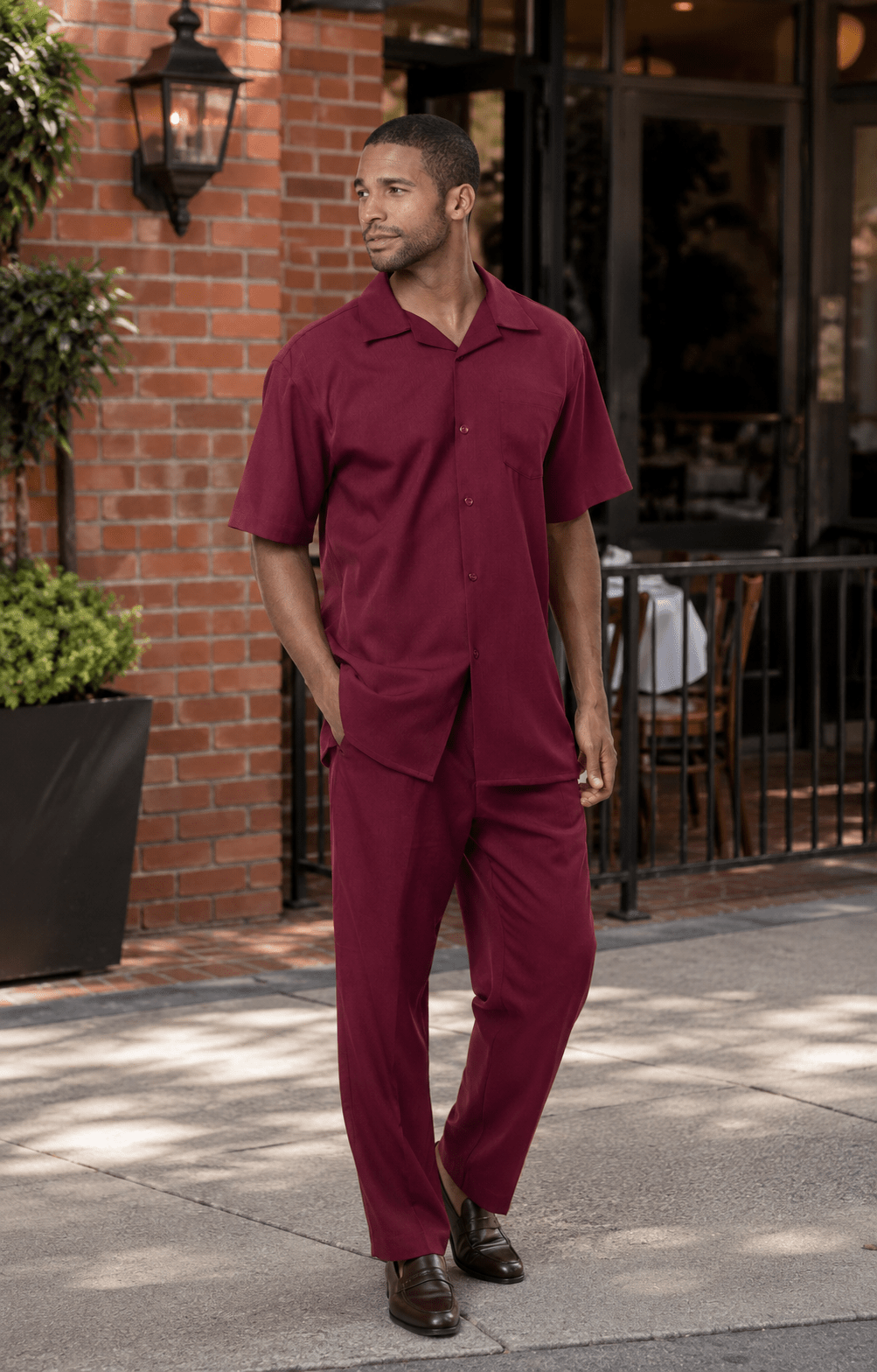 Montique Men's 2 Piece Short Sleeve Walking Suit Solid Burgundy - Upscale Men's Fashion