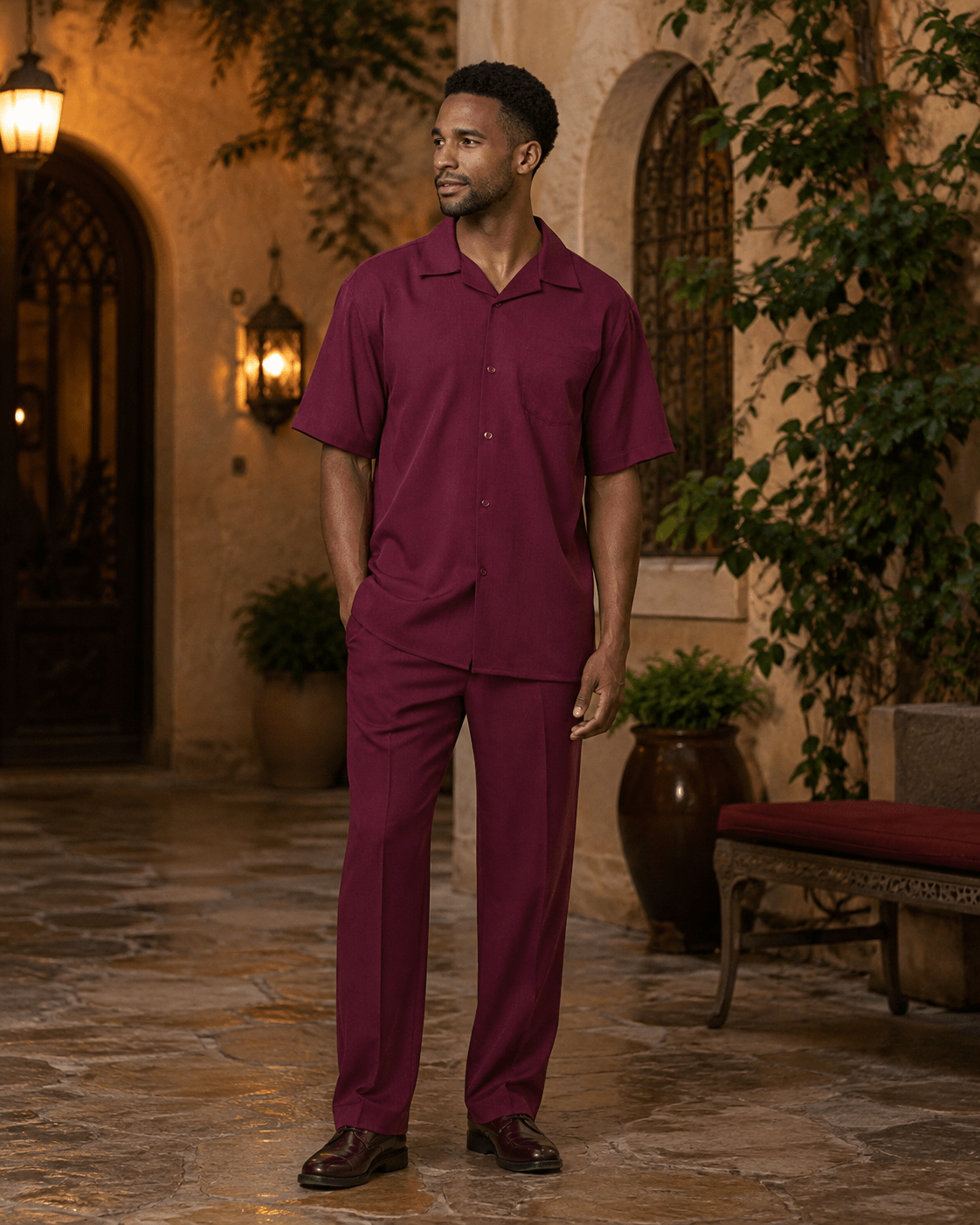 Montique Men's 2 Piece Short Sleeve Walking Suit Solid Burgundy - Upscale Men's Fashion
