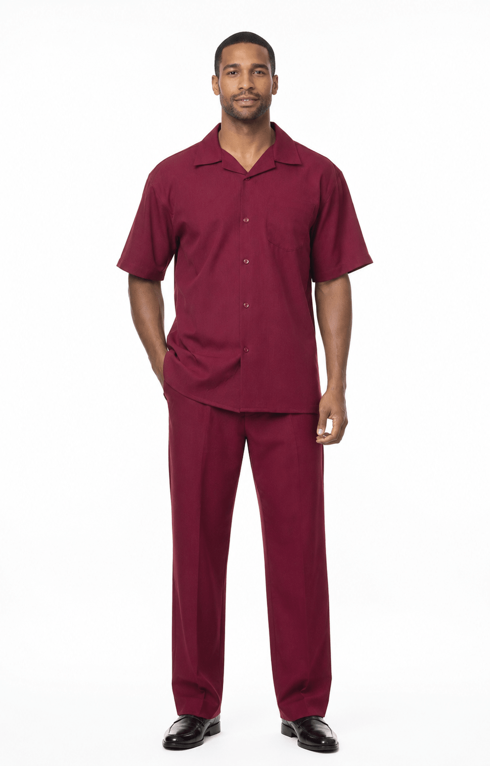 Montique Men's 2 Piece Short Sleeve Walking Suit Solid Burgundy - Upscale Men's Fashion