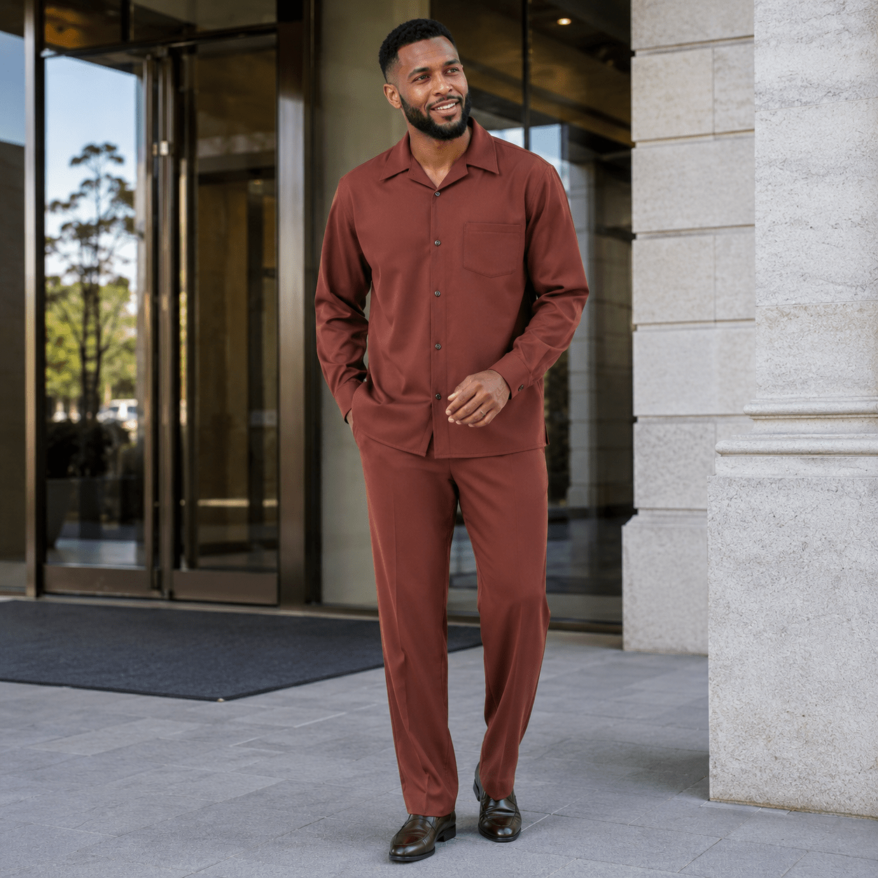 Montique Men's 2 Piece Long Sleeve Walking Suit Solid Cognac - Upscale Men's Fashion