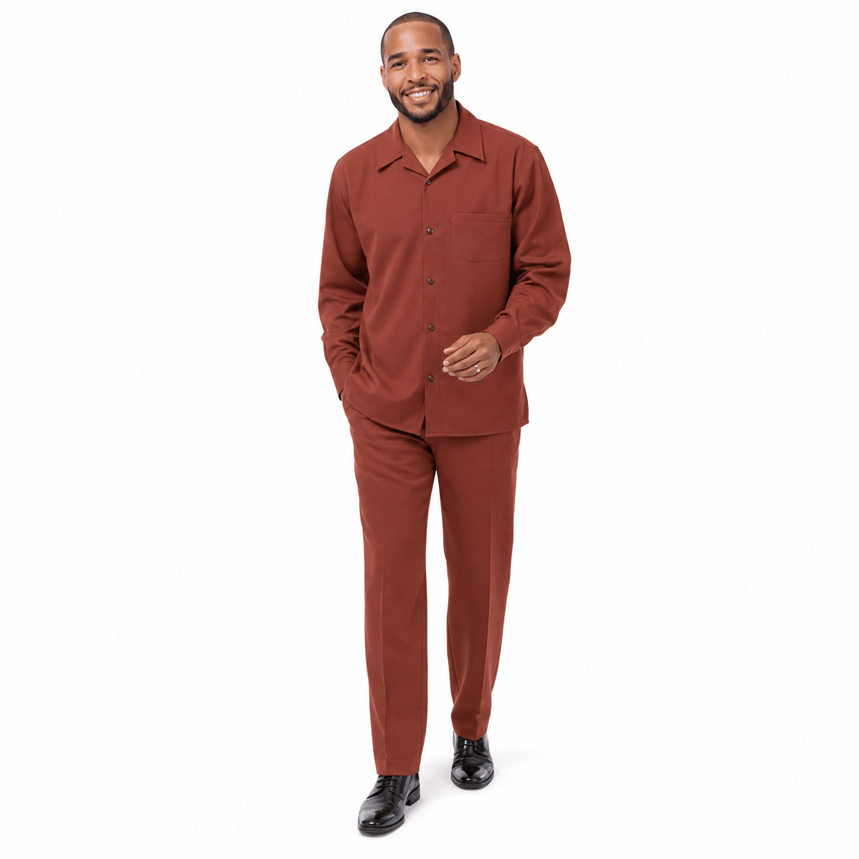 Montique Men's 2 Piece Long Sleeve Walking Suit Solid Cognac - Upscale Men's Fashion