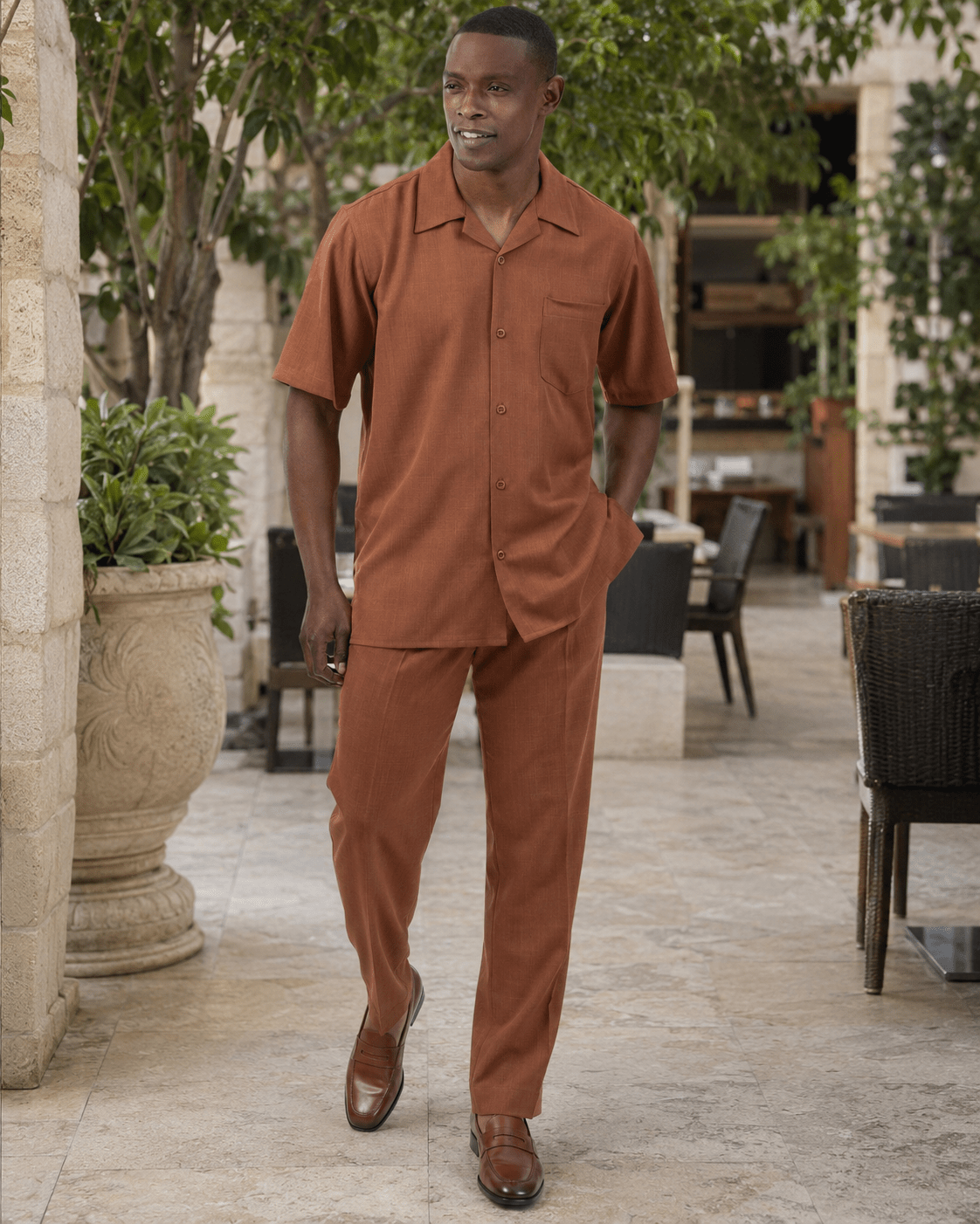 Montique Men's 2 Piece Short Sleeve Walking Suit Solid Cognac - Upscale Men's Fashion