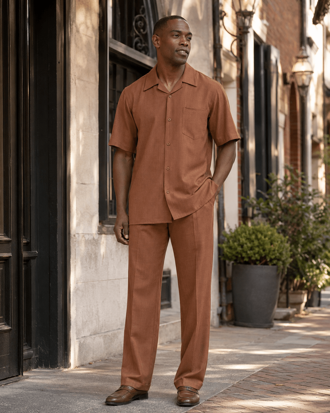 Montique Men's 2 Piece Short Sleeve Walking Suit Solid Cognac - Upscale Men's Fashion