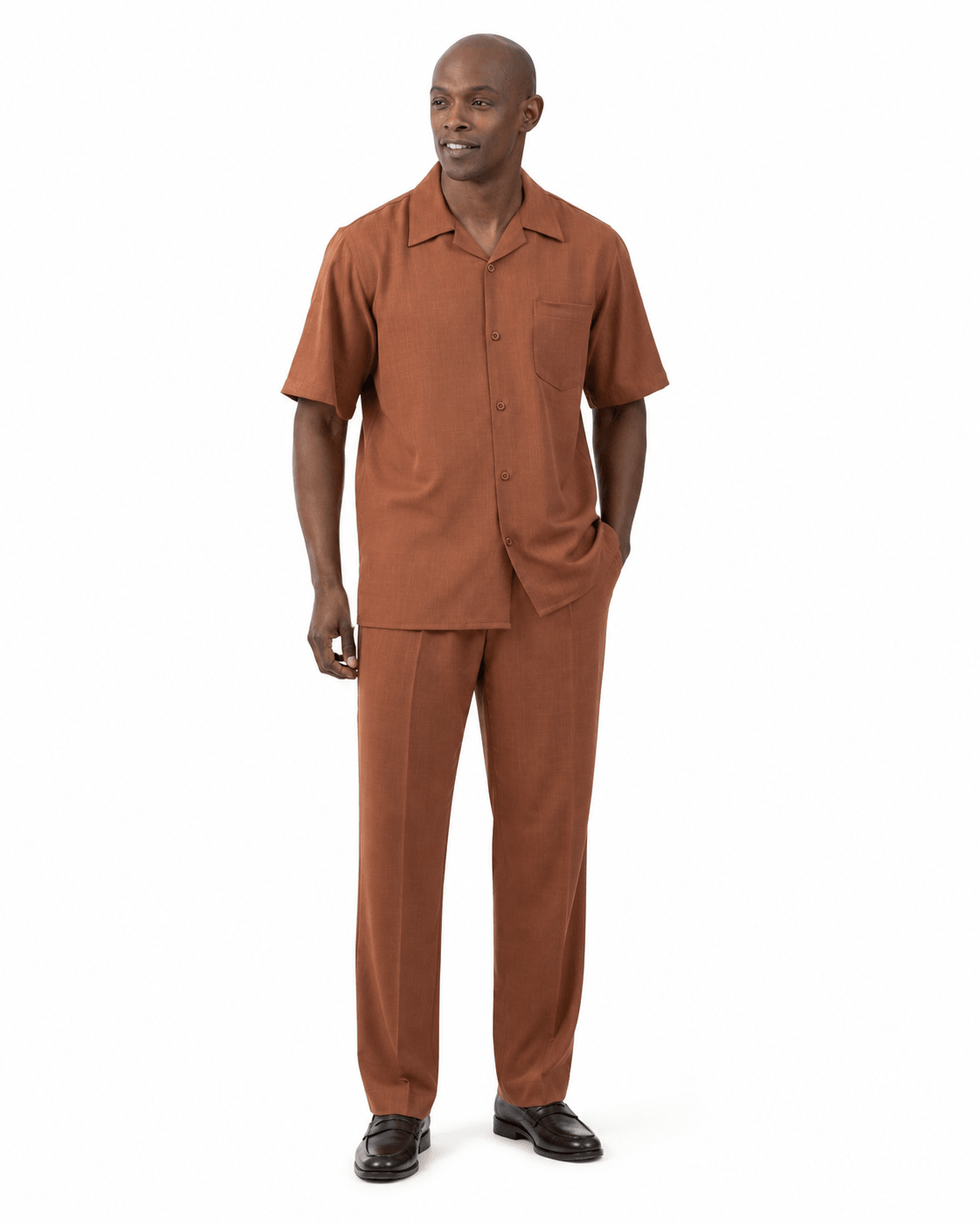 Montique Men's 2 Piece Short Sleeve Walking Suit Solid Cognac - Upscale Men's Fashion