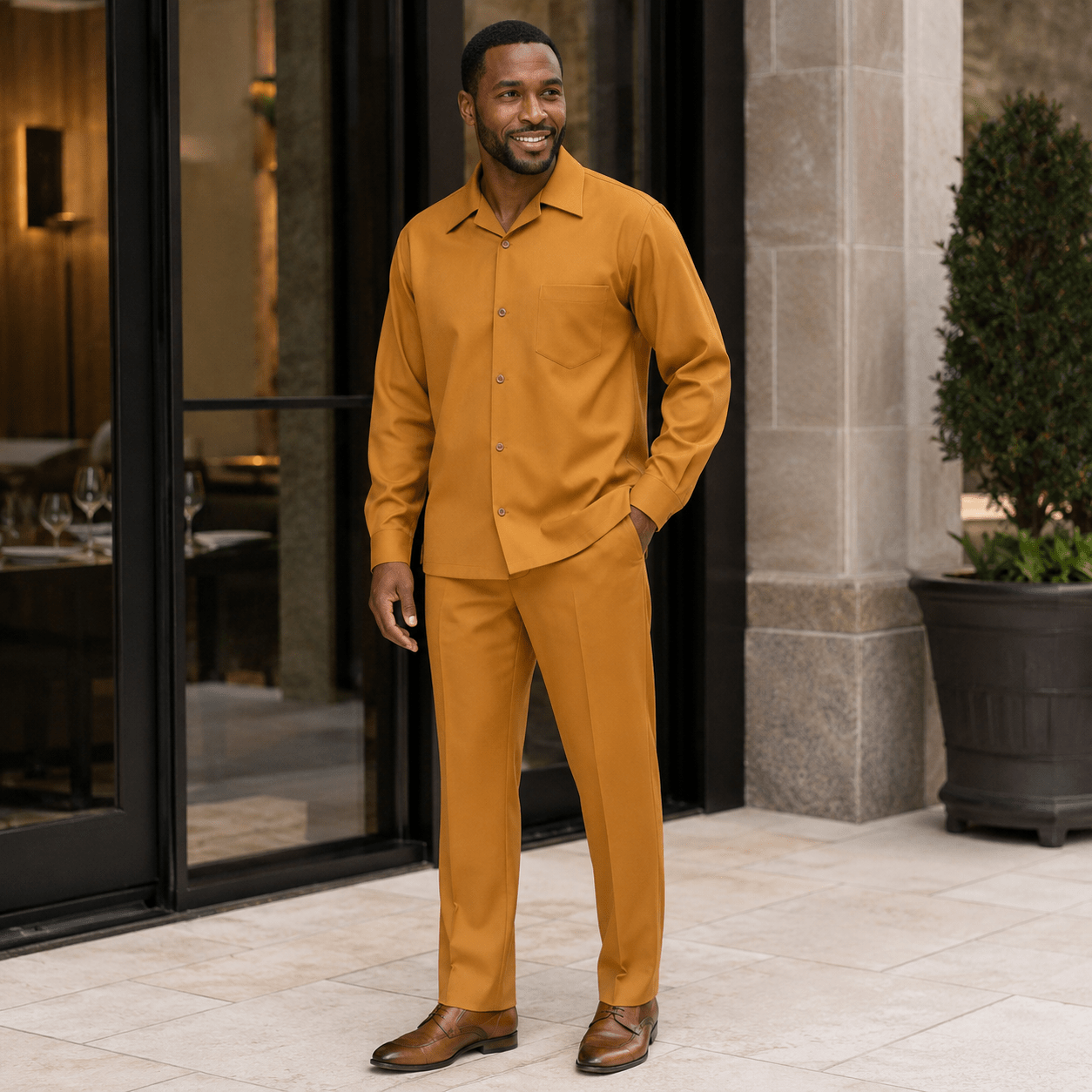 Montique Men's 2 Piece Long Sleeve Walking Suit Solid Gold - Upscale Men's Fashion