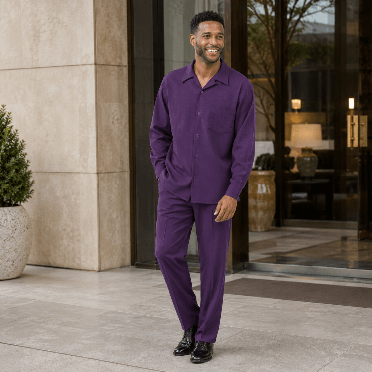 Montique Men's 2 Piece Long Sleeve Walking Suit Solid Grape - Upscale Men's Fashion