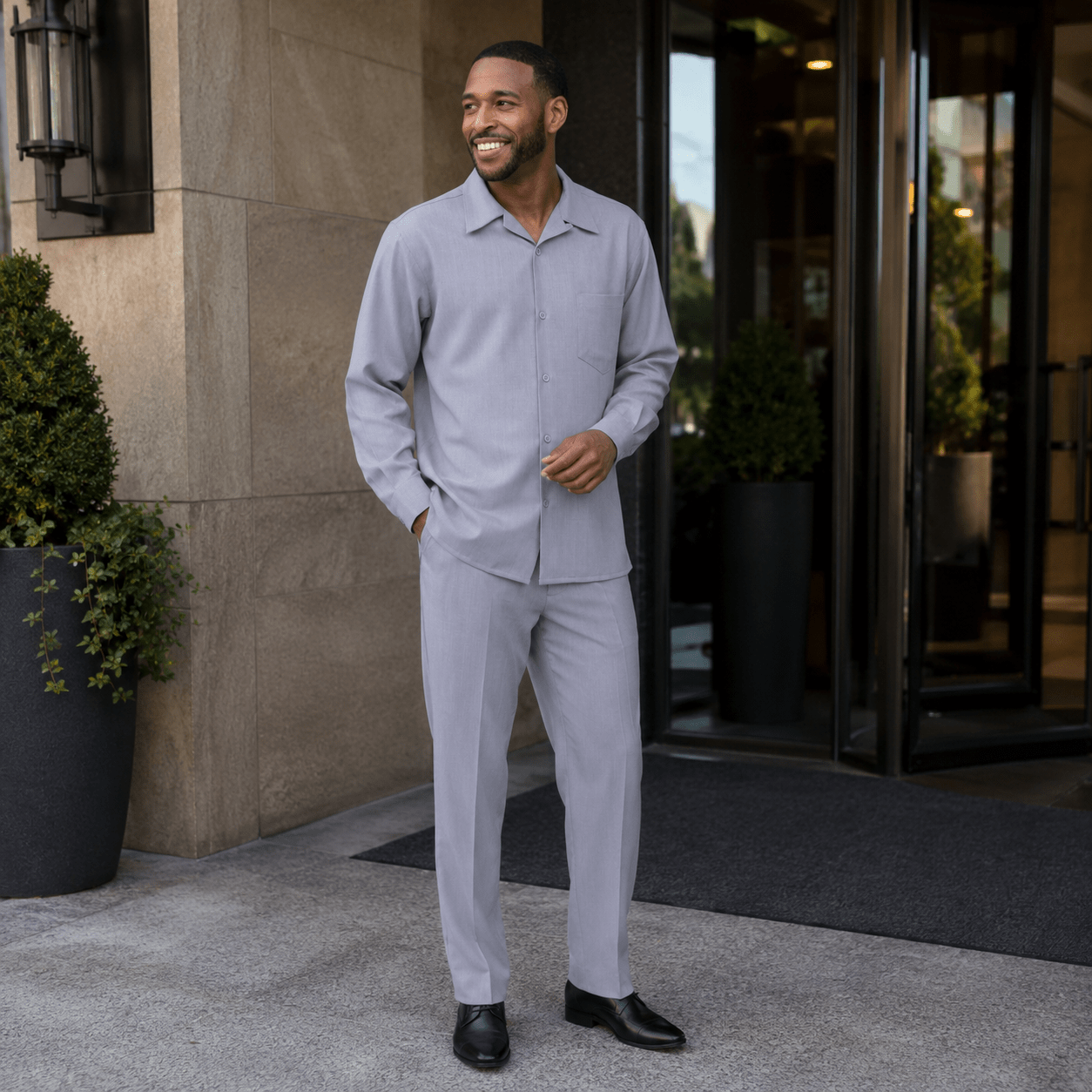Montique Men's 2 Piece Long Sleeve Walking Suit Solid Grey - Upscale Men's Fashion