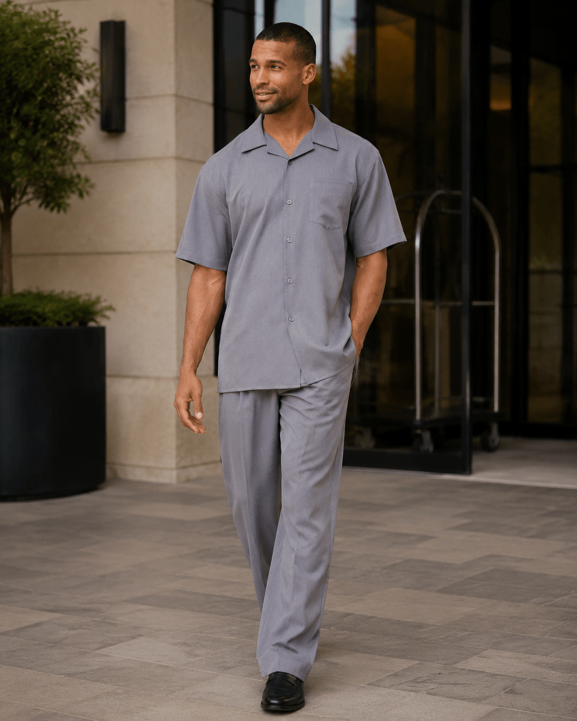 Montique Men's 2 Piece Short Sleeve Walking Suit Solid Grey - Upscale Men's Fashion
