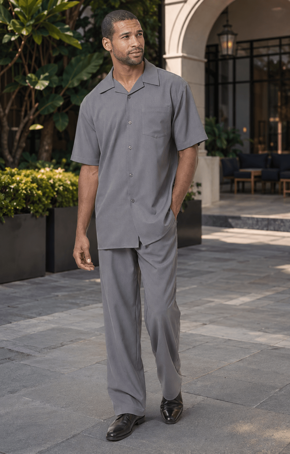 Montique Men's 2 Piece Short Sleeve Walking Suit Solid Grey - Upscale Men's Fashion