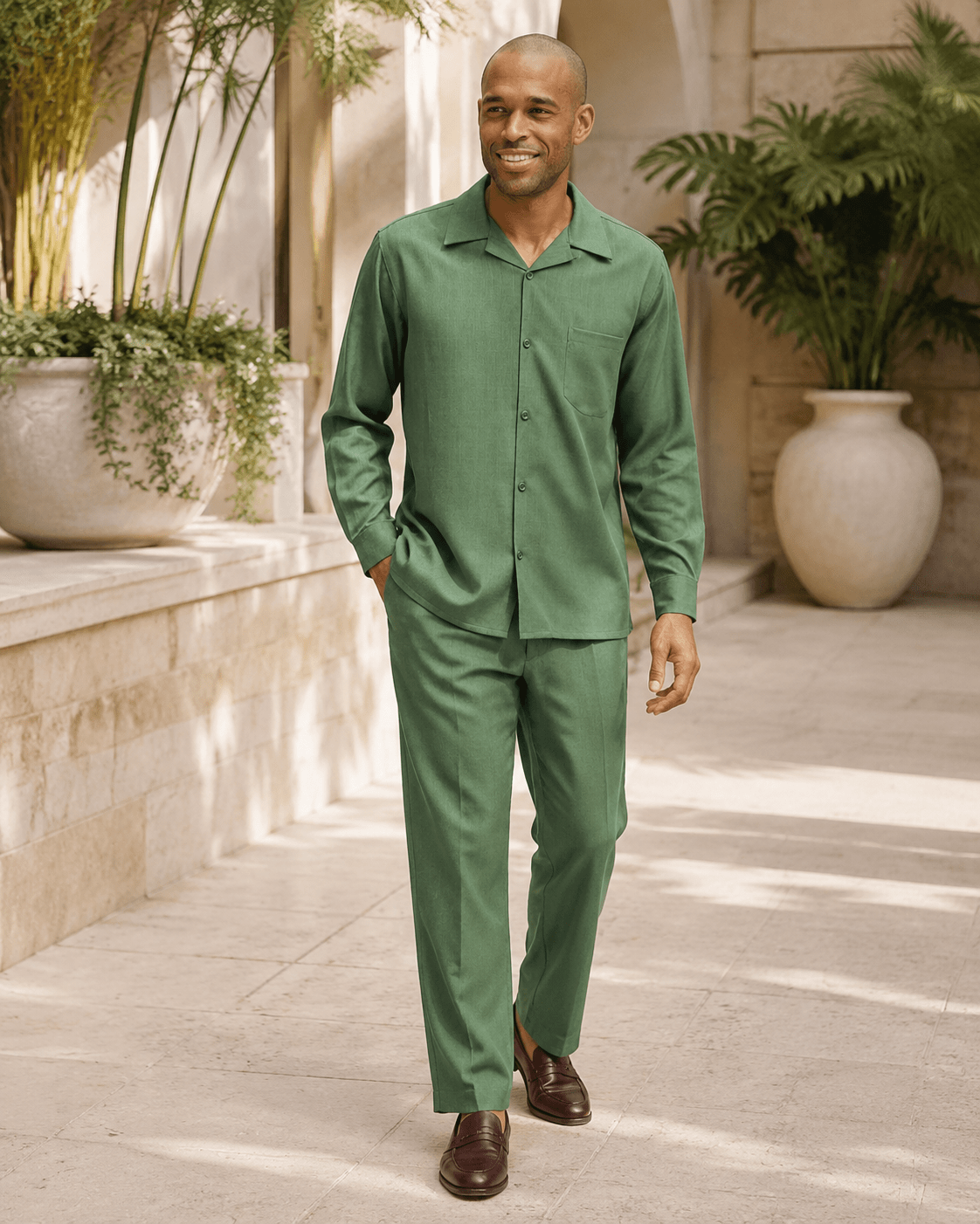 Montique Men's 2 Piece Long Sleeve Walking Suit Solid Hunter Green - Upscale Men's Fashion