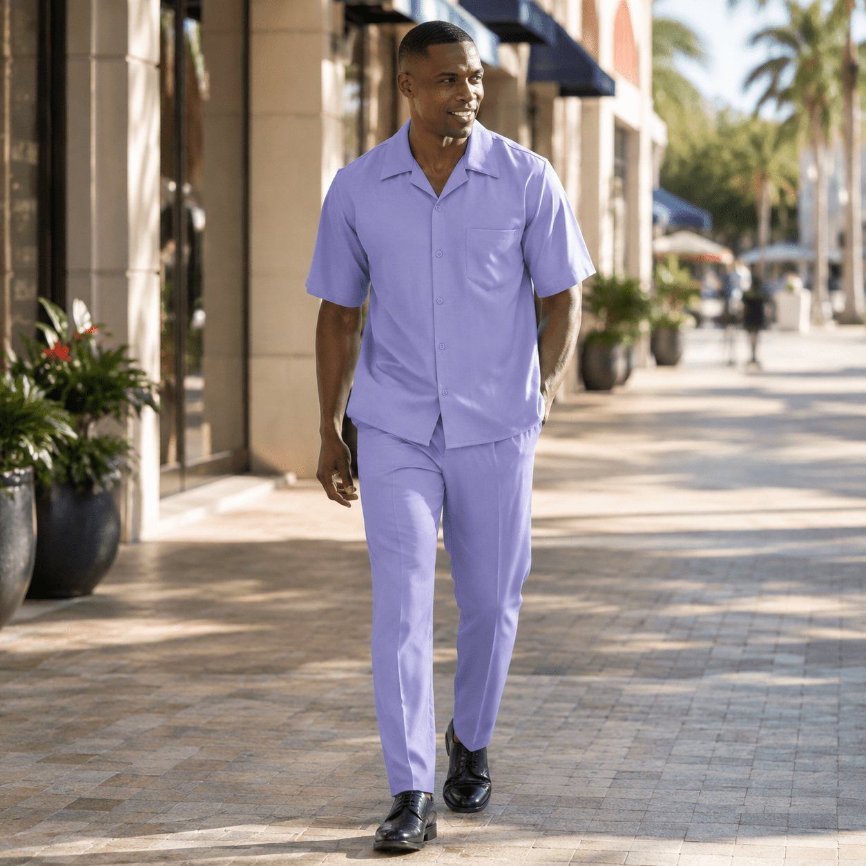 Montique Men's 2 Piece Short Sleeve Walking Suit Solid Lavender - Upscale Men's Fashion
