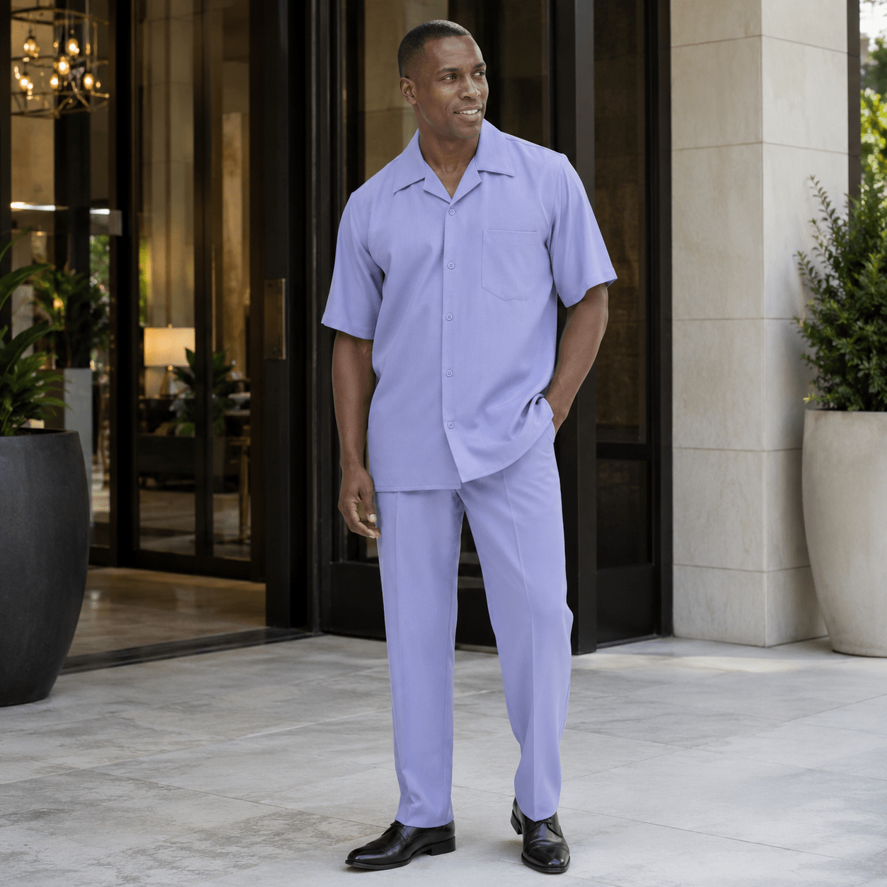 Montique Men's 2 Piece Short Sleeve Walking Suit Solid Lavender - Upscale Men's Fashion