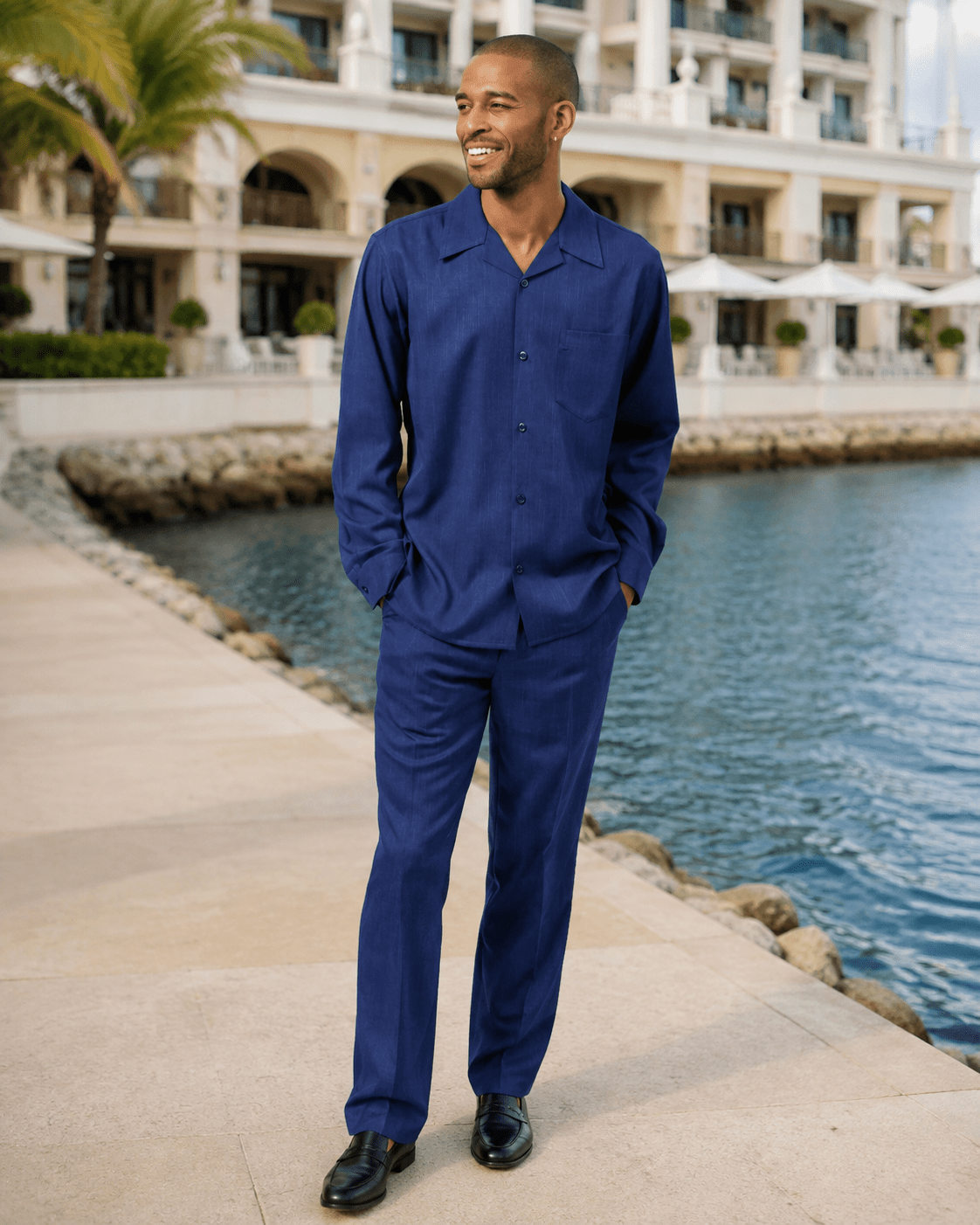 Montique Men's 2 Piece Long Sleeve Walking Suit Solid Navy - Upscale Men's Fashion