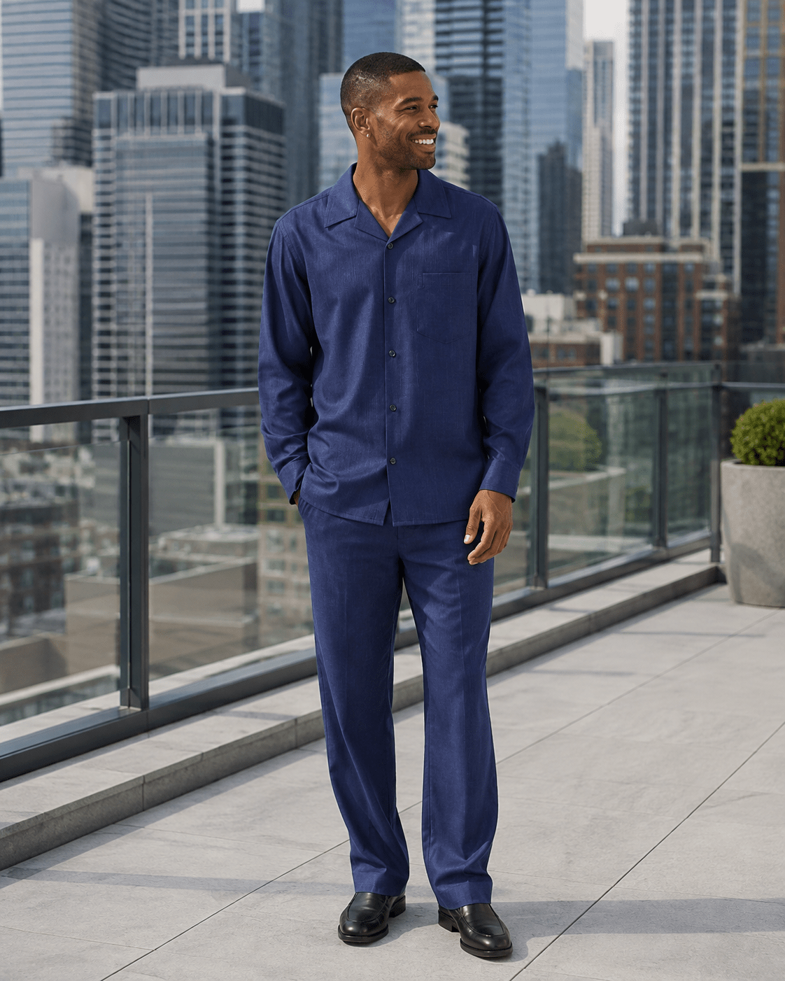 Montique Men's 2 Piece Long Sleeve Walking Suit Solid Navy - Upscale Men's Fashion