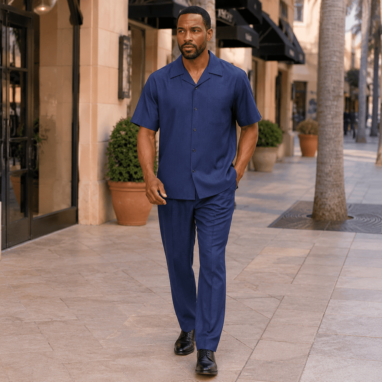 Montique Men's 2 Piece Short Sleeve Walking Suit Solid Navy - Upscale Men's Fashion