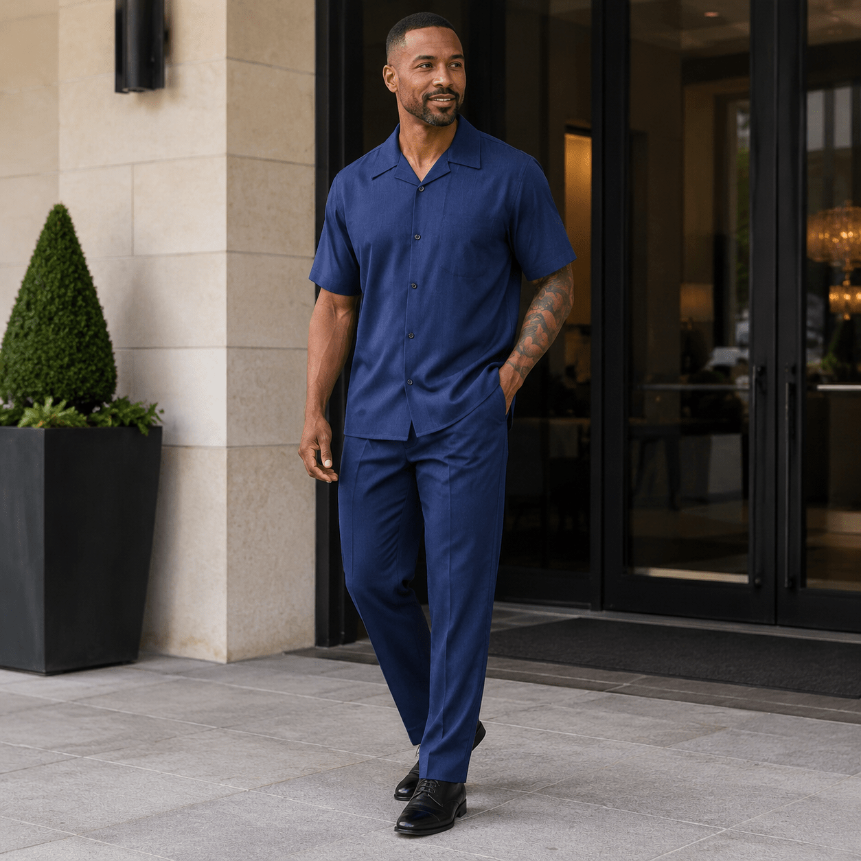 Montique Men's 2 Piece Short Sleeve Walking Suit Solid Navy - Upscale Men's Fashion