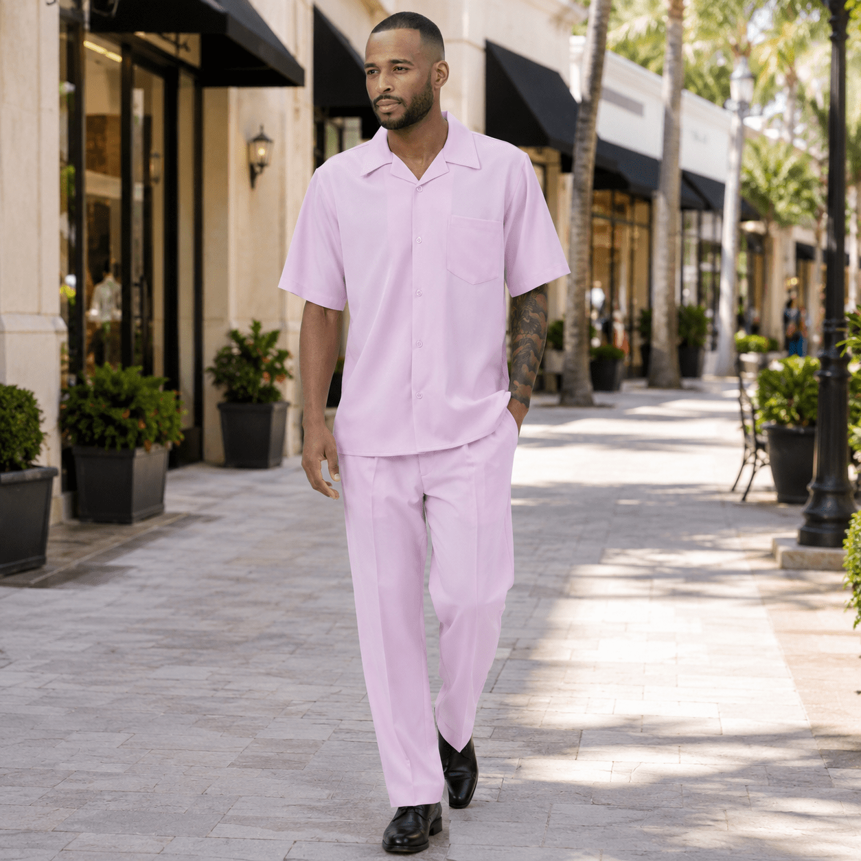 Montique Men's 2 Piece Short Sleeve Walking Suit Solid Pink - Upscale Men's Fashion
