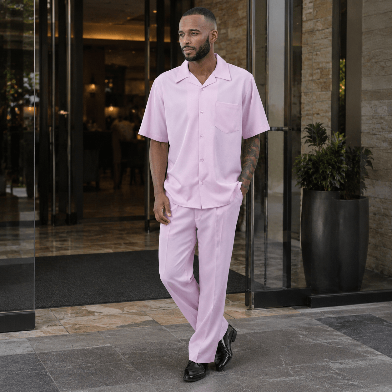 Montique Men's 2 Piece Short Sleeve Walking Suit Solid Pink - Upscale Men's Fashion