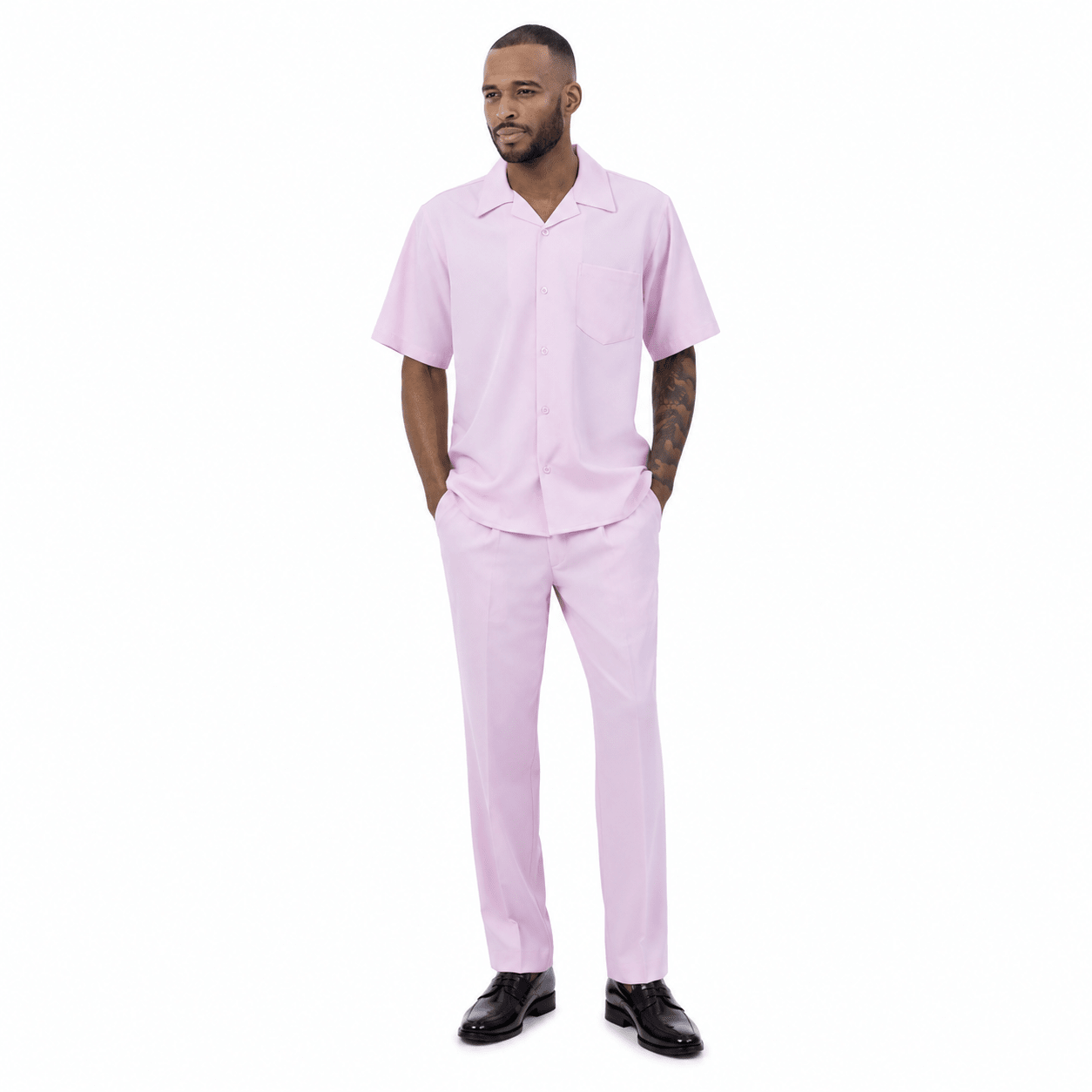 Montique Men's 2 Piece Short Sleeve Walking Suit Solid Pink - Upscale Men's Fashion