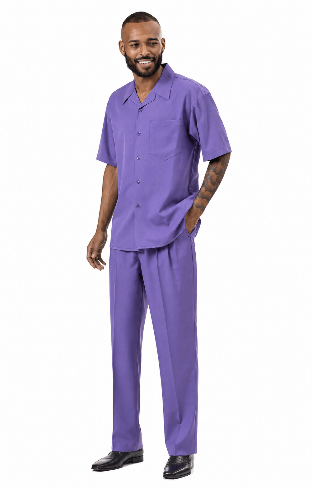 Montique Men's 2 Piece Short Sleeve Walking Suit Solid Purple - Upscale Men's Fashion