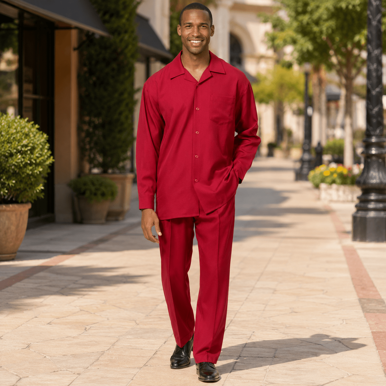 Montique Men's 2 Piece Long Sleeve Walking Suit Solid Red - Upscale Men's Fashion